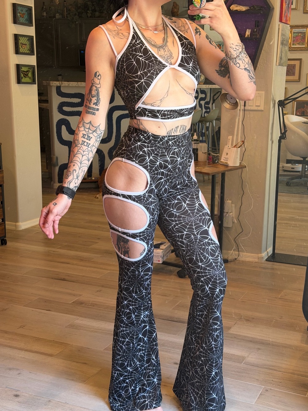 iHeartRaves Black & White Spiderweb Cutout Flare Pants Set